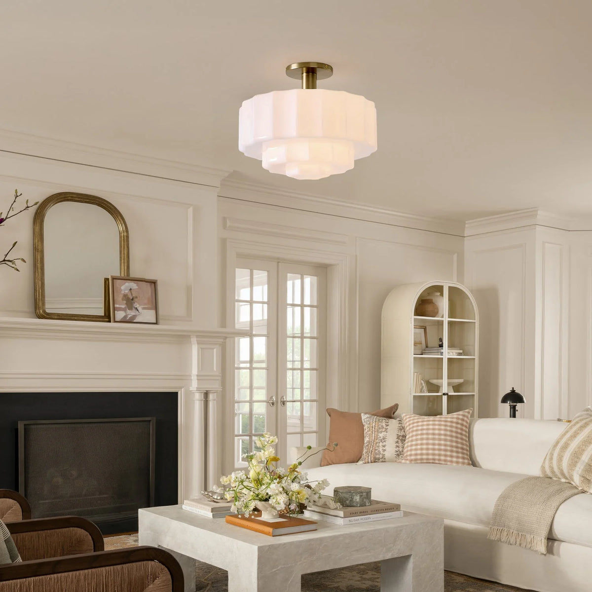 Ceiling Lamp Layered Textured Milk Glass Brass Base
