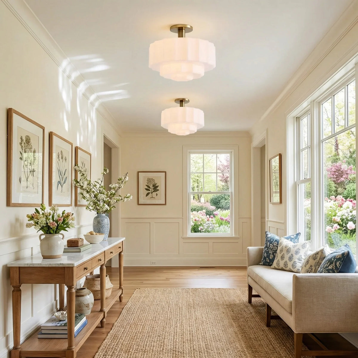 Ceiling Lamp Layered Textured Milk Glass Brass Base
