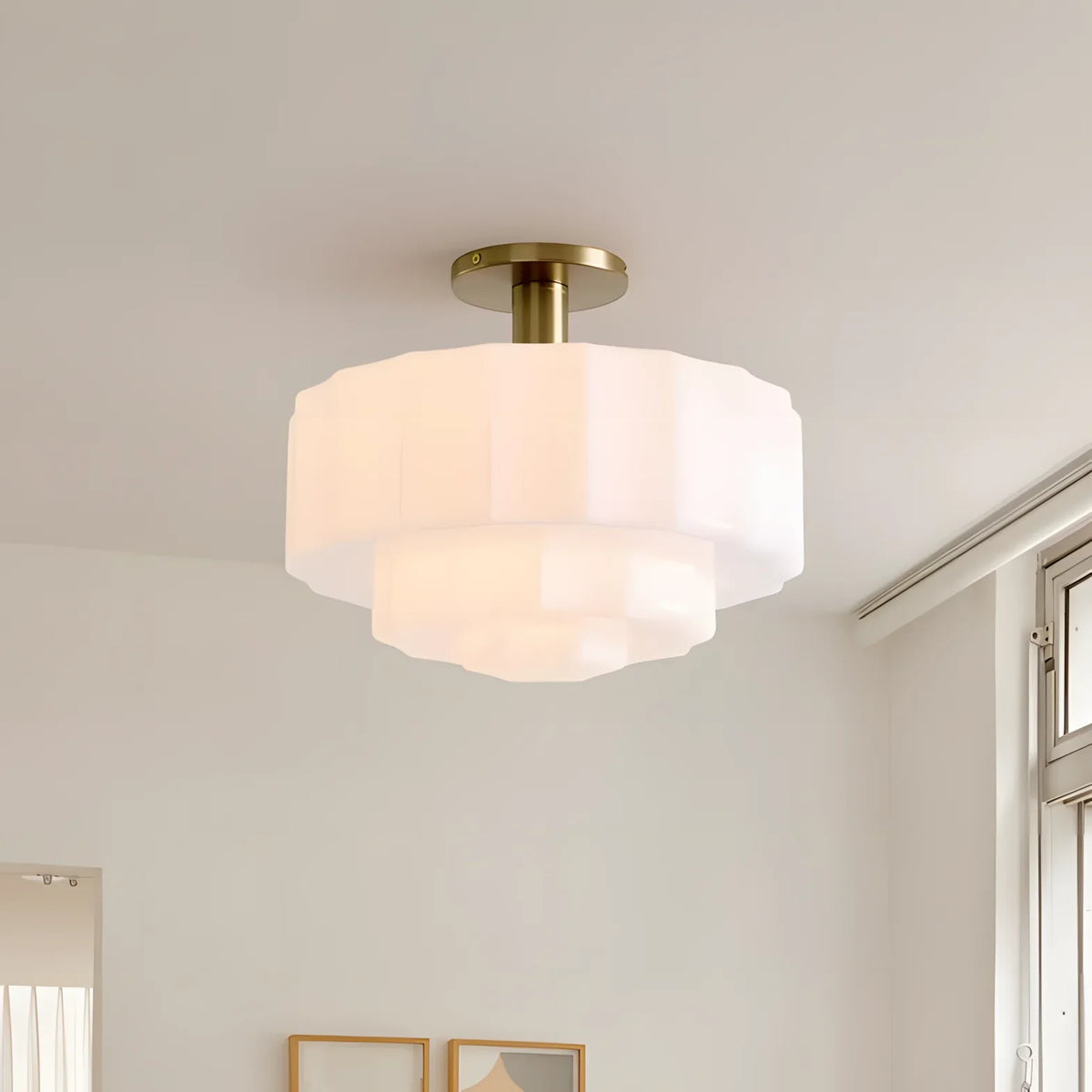 Ceiling Lamp Layered Textured Milk Glass Brass Base