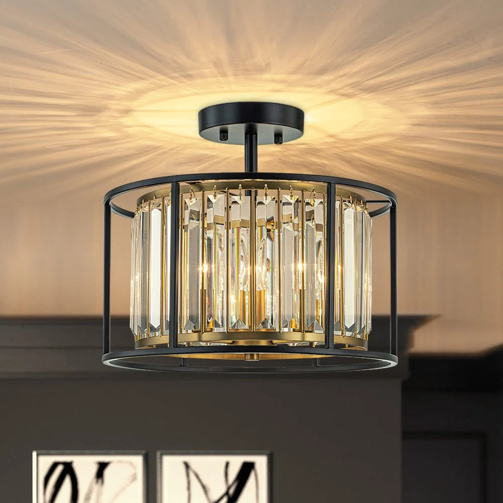 Ceiling Light Crystal Drum 3-Light Matte Black & Brass