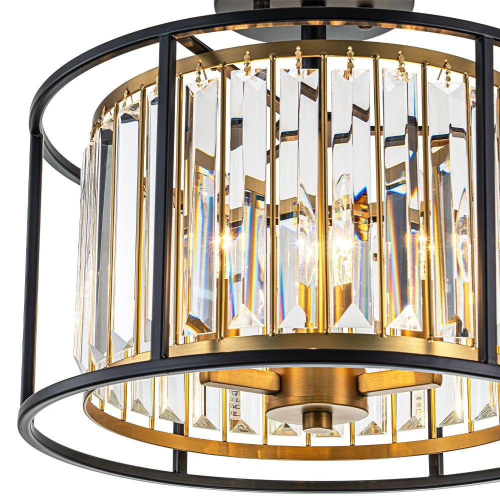 Ceiling Light Crystal Drum 3-Light Matte Black & Brass
