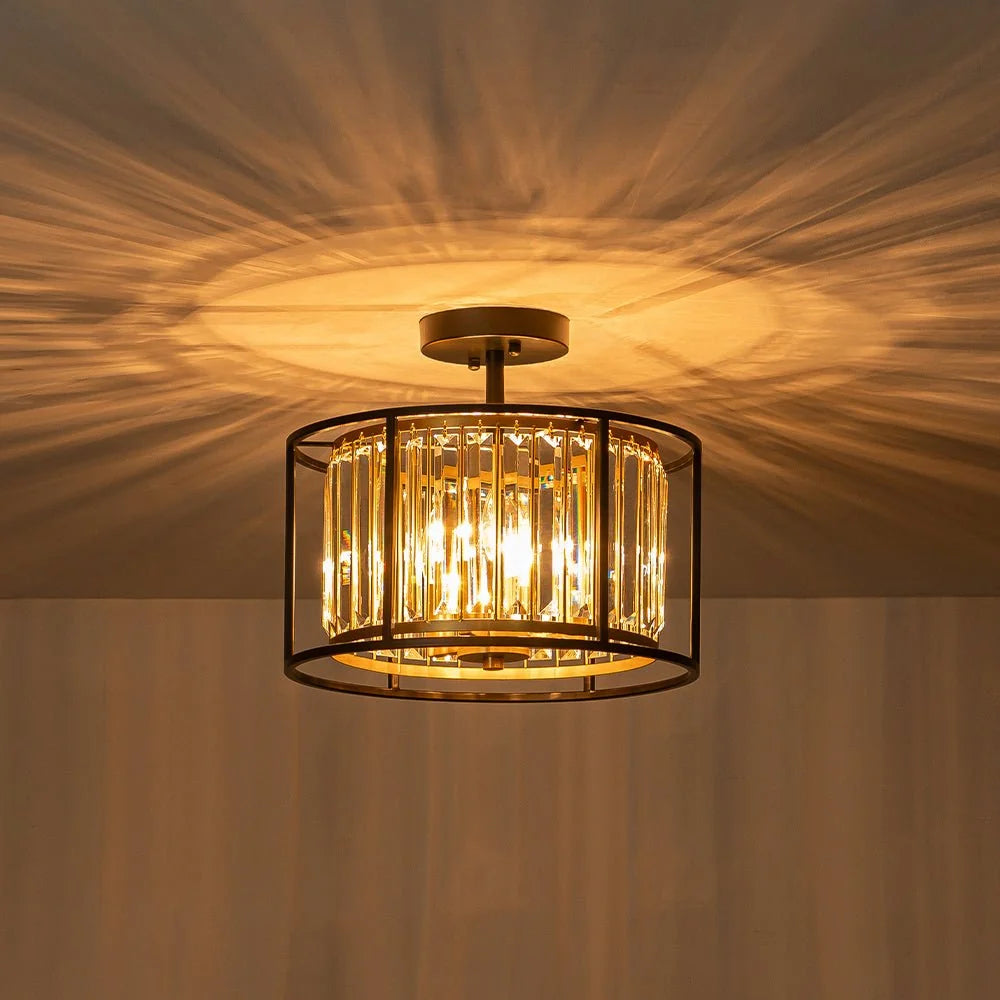 Ceiling Light Crystal Drum 3-Light Matte Black & Brass