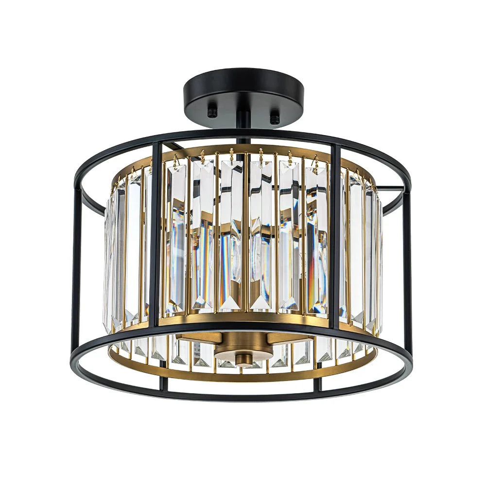 Ceiling Light Crystal Drum 3-Light Matte Black & Brass