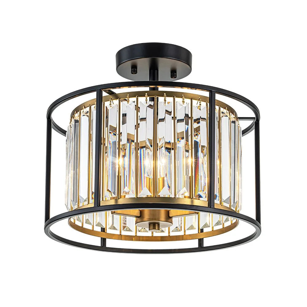 Ceiling Light Crystal Drum 3-Light Matte Black & Brass