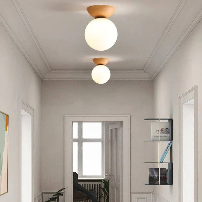 Ceiling Light Glass Globe Wood Grain Finish