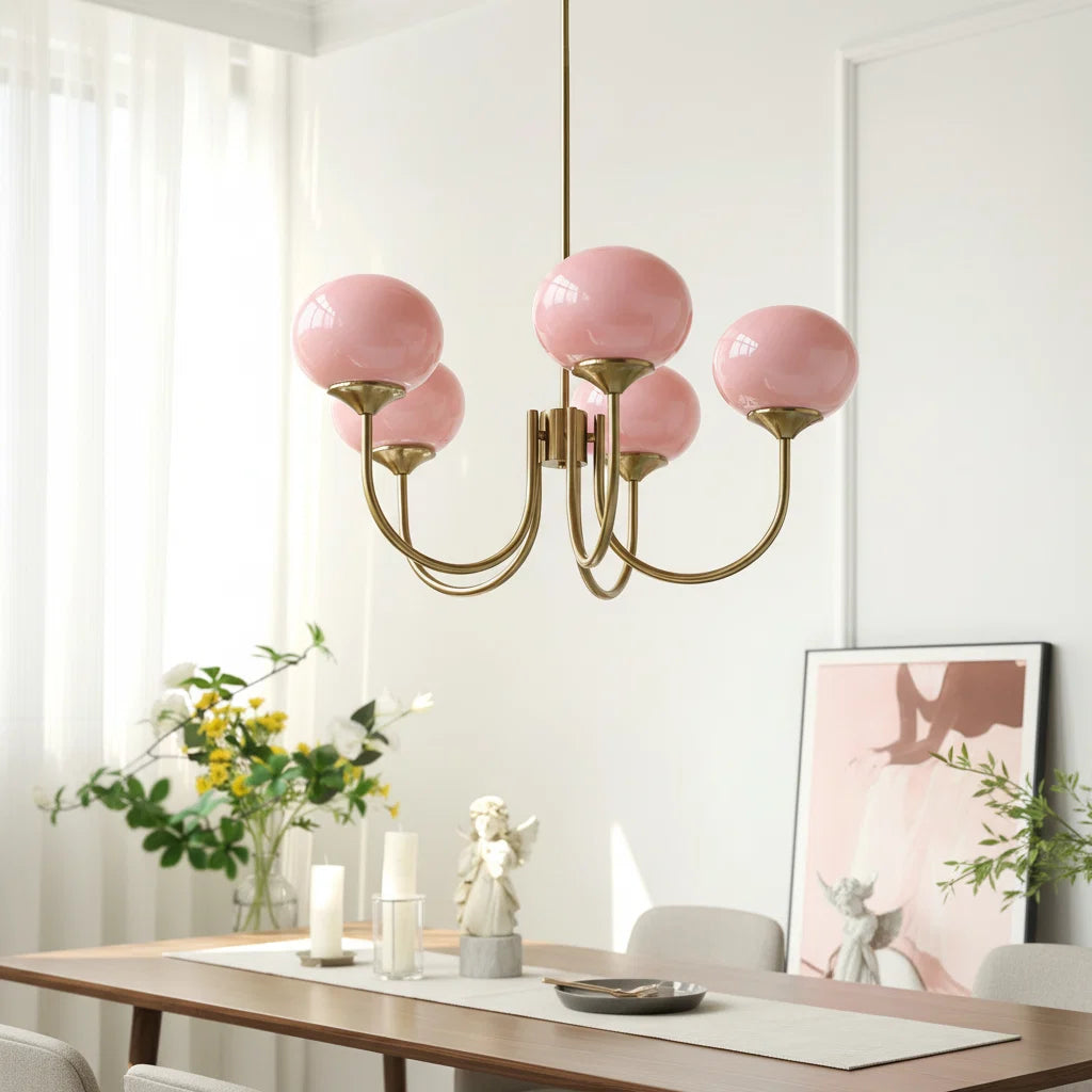 Ceiling Light Handcrafted Pink Glass & Gold Finish