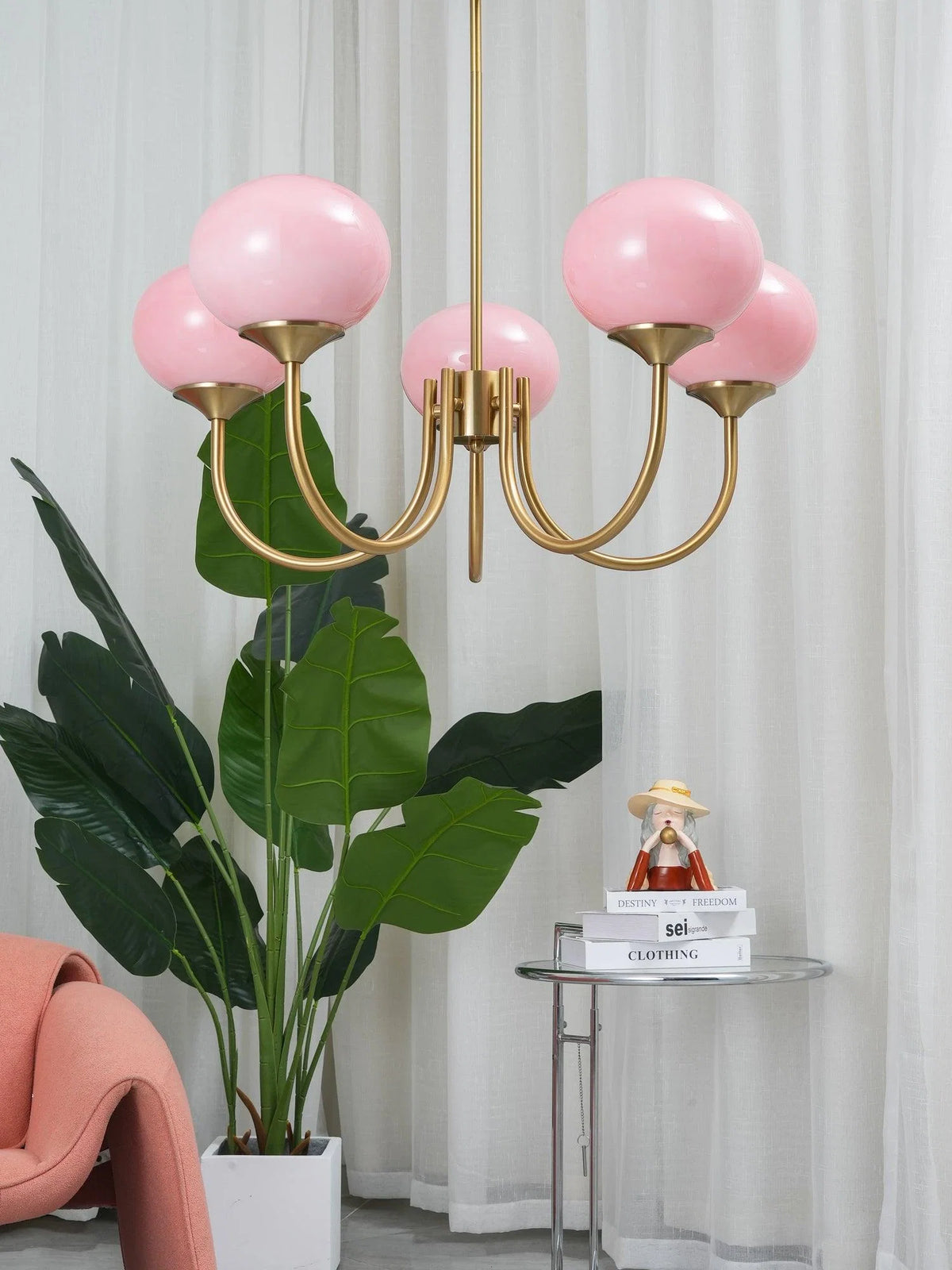 Ceiling Light Handcrafted Pink Glass & Gold Finish