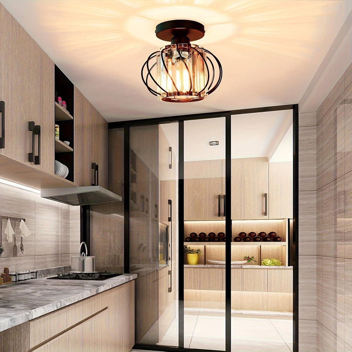 Ceiling Light Industrial Cage Glass Polished Metal