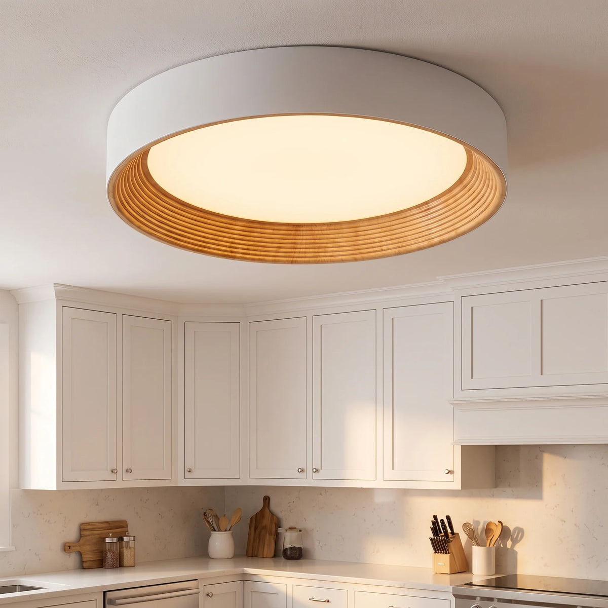 Ceiling Light Round Flush-Mount Integrated LED & Wood Trim