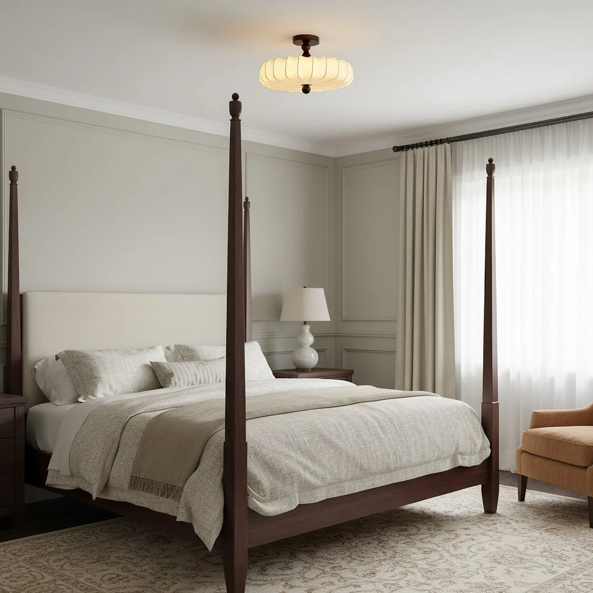 Ceiling Light Solid Walnut Handwoven Beige Shade Dimmable LED