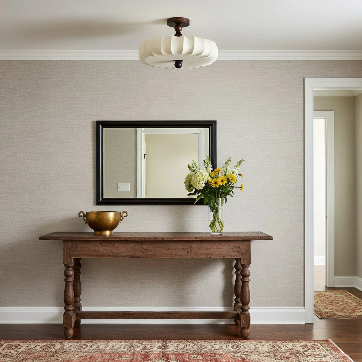 Ceiling Light Solid Walnut Handwoven Beige Shade Dimmable LED