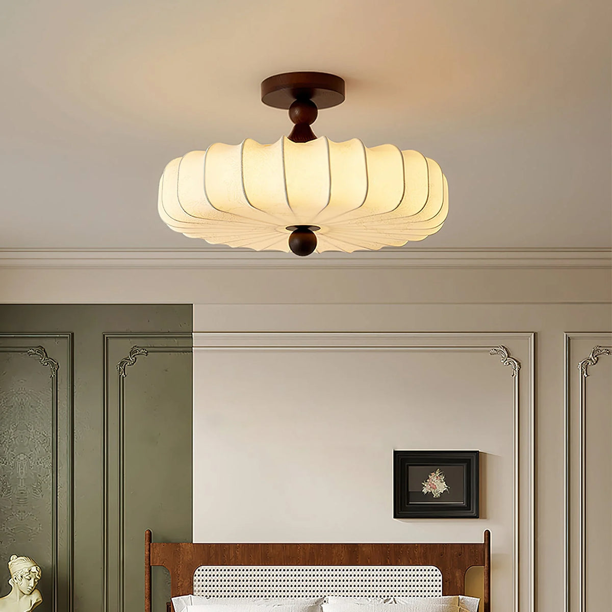 Ceiling Light Solid Walnut Handwoven Beige Shade Dimmable LED
