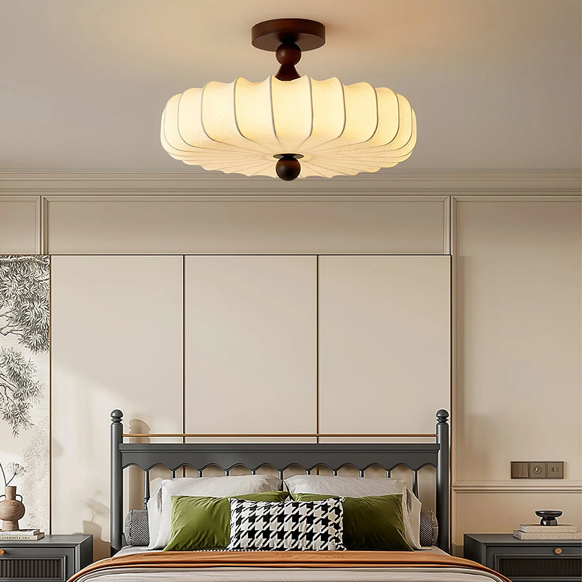 Ceiling Light Solid Walnut Handwoven Beige Shade Dimmable LED