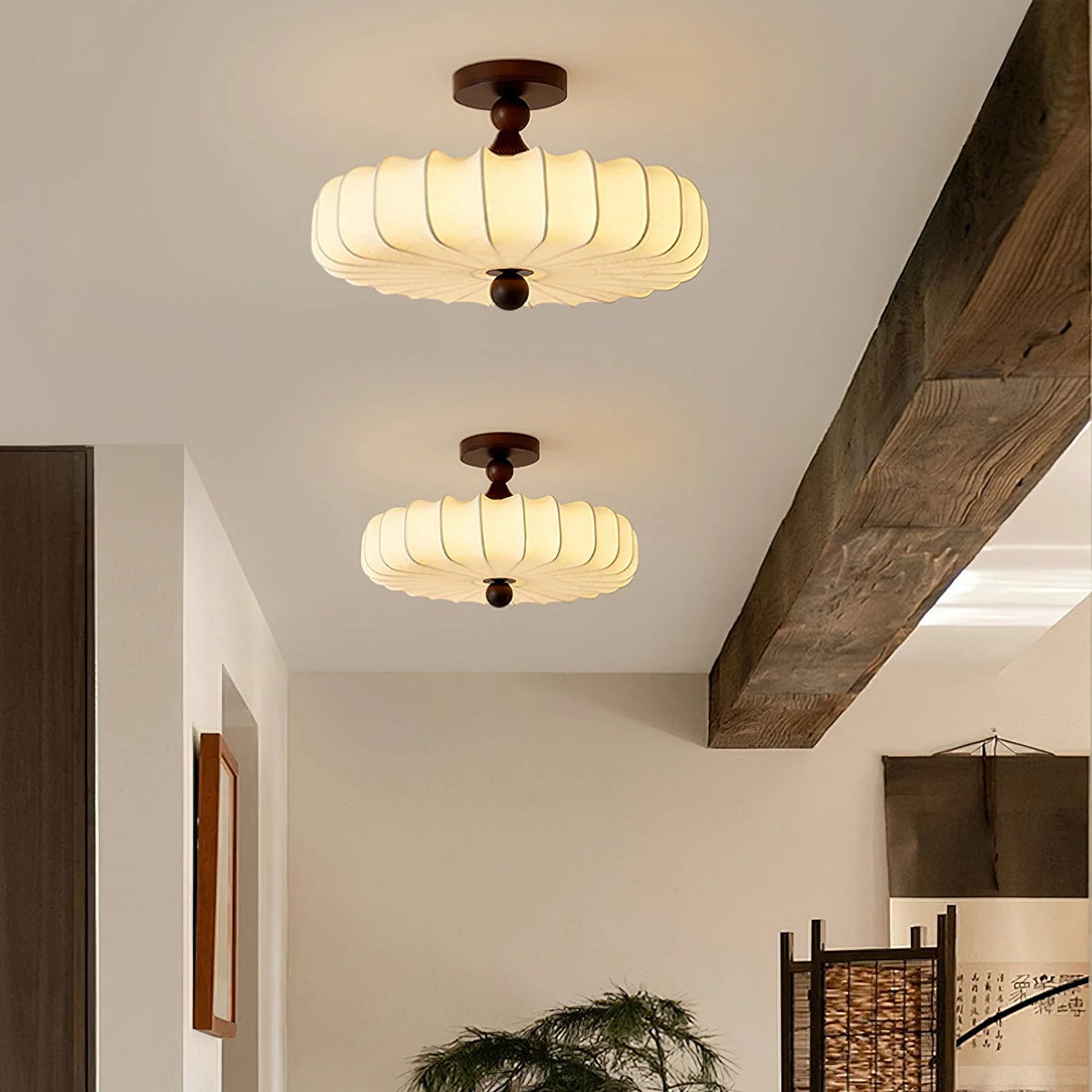 Ceiling Light Solid Walnut Handwoven Beige Shade Dimmable LED