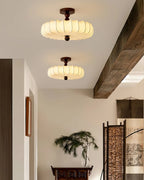 Ceiling Light Solid Walnut Handwoven Beige Shade Dimmable LED