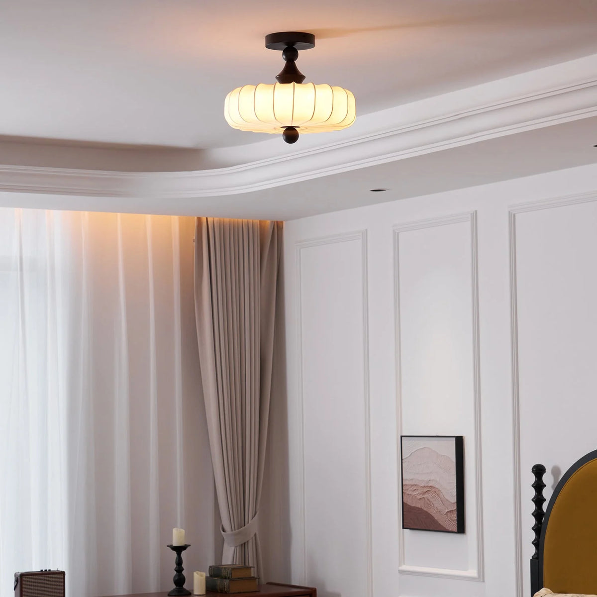 Ceiling Light Solid Walnut Handwoven Beige Shade Dimmable LED