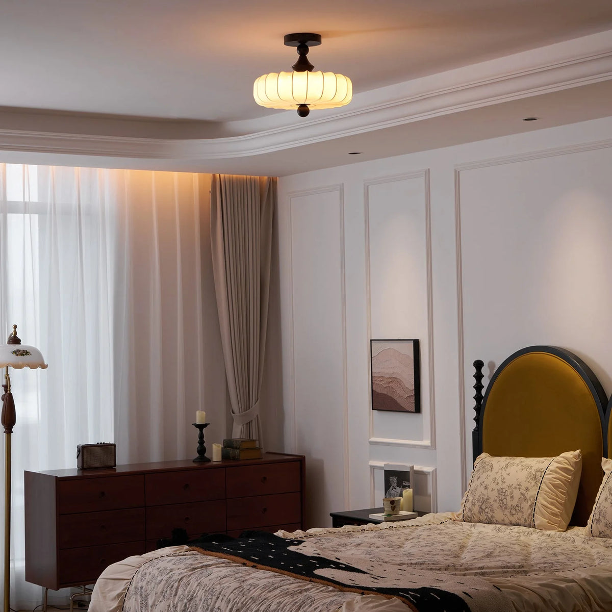 Ceiling Light Solid Walnut Handwoven Beige Shade Dimmable LED