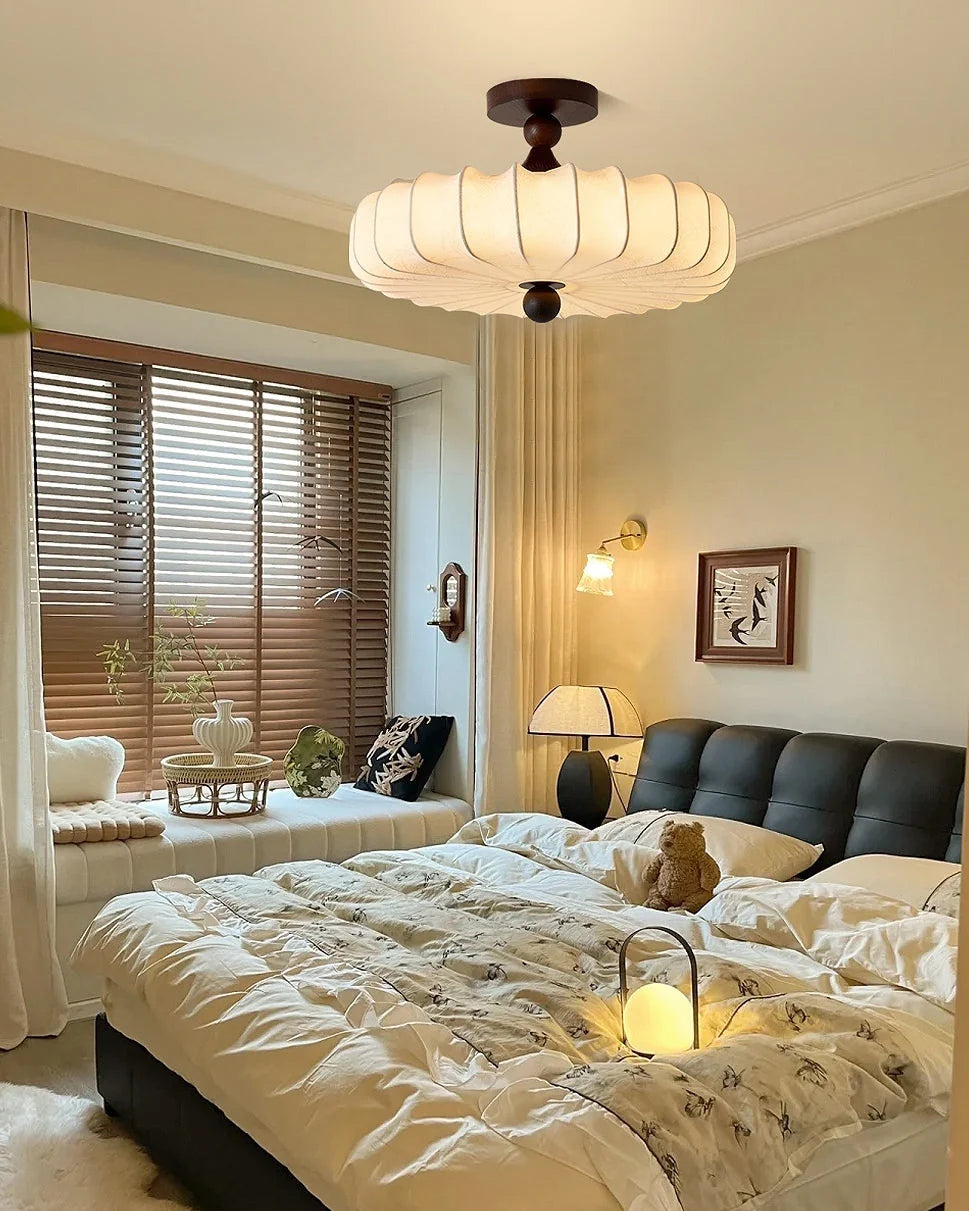 Ceiling Light Solid Walnut Handwoven Beige Shade Dimmable LED