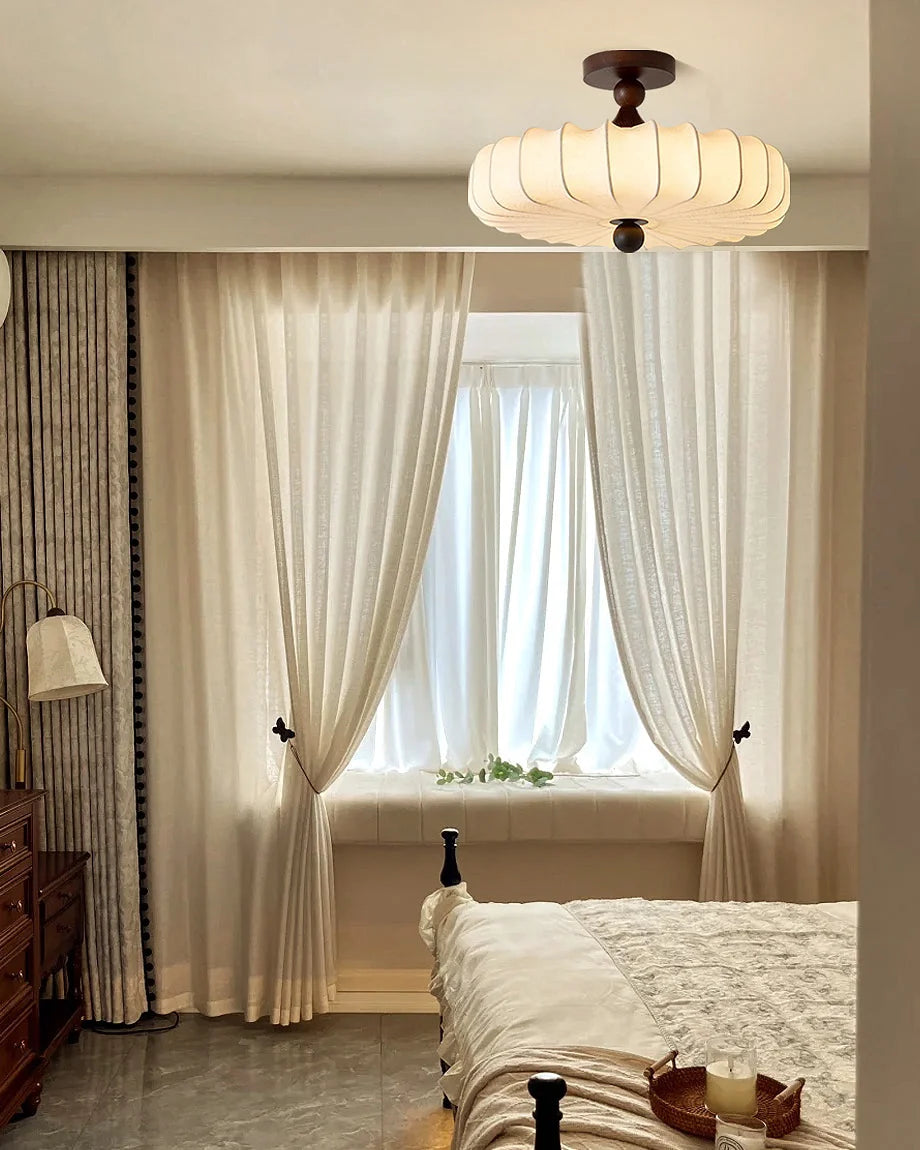 Ceiling Light Solid Walnut Handwoven Beige Shade Dimmable LED
