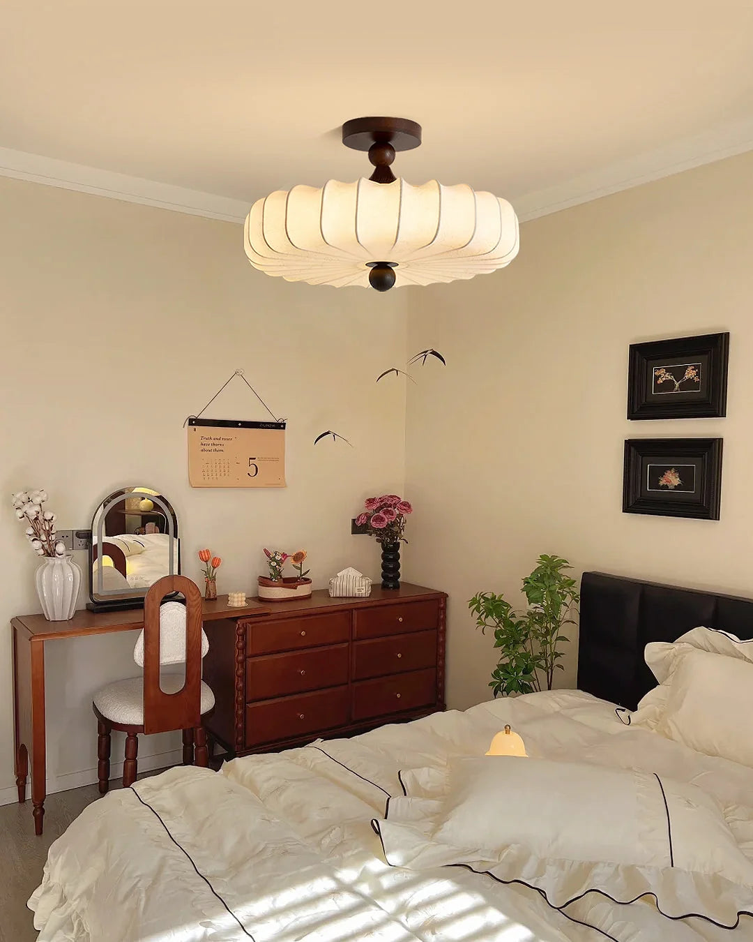 Ceiling Light Solid Walnut Handwoven Beige Shade Dimmable LED