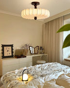Ceiling Light Solid Walnut Handwoven Beige Shade Dimmable LED