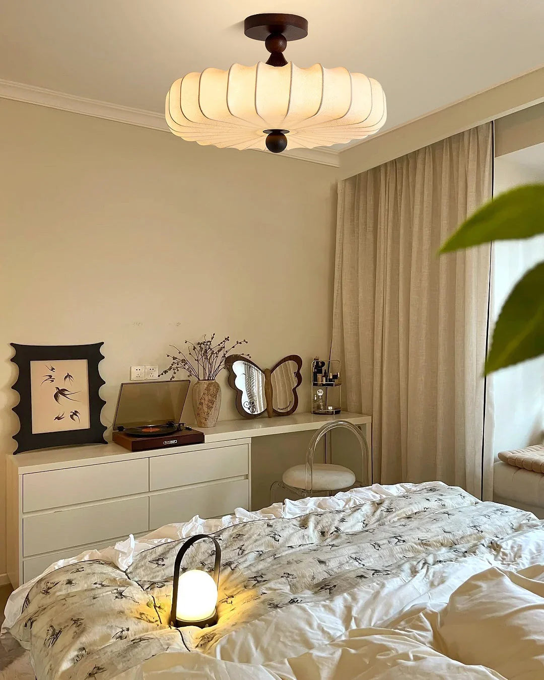 Ceiling Light Solid Walnut Handwoven Beige Shade Dimmable LED