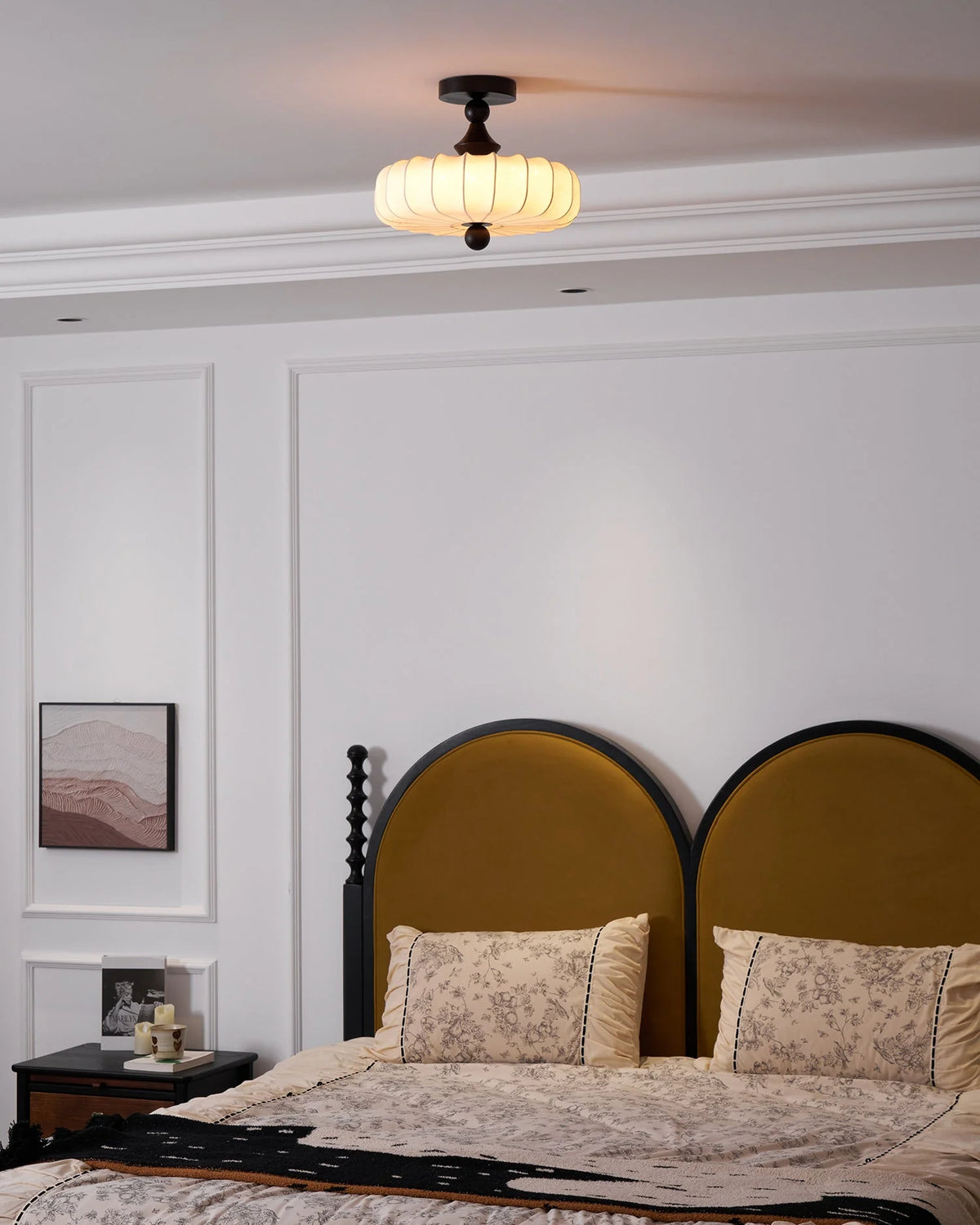 Ceiling Light Solid Walnut Handwoven Beige Shade Dimmable LED