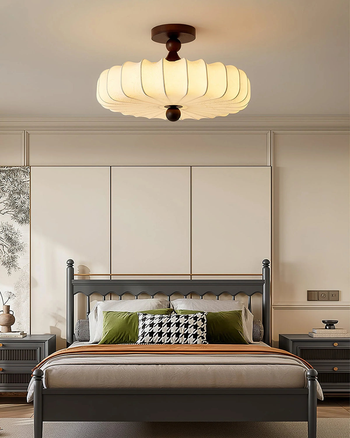 Ceiling Light Solid Walnut Handwoven Beige Shade Dimmable LED