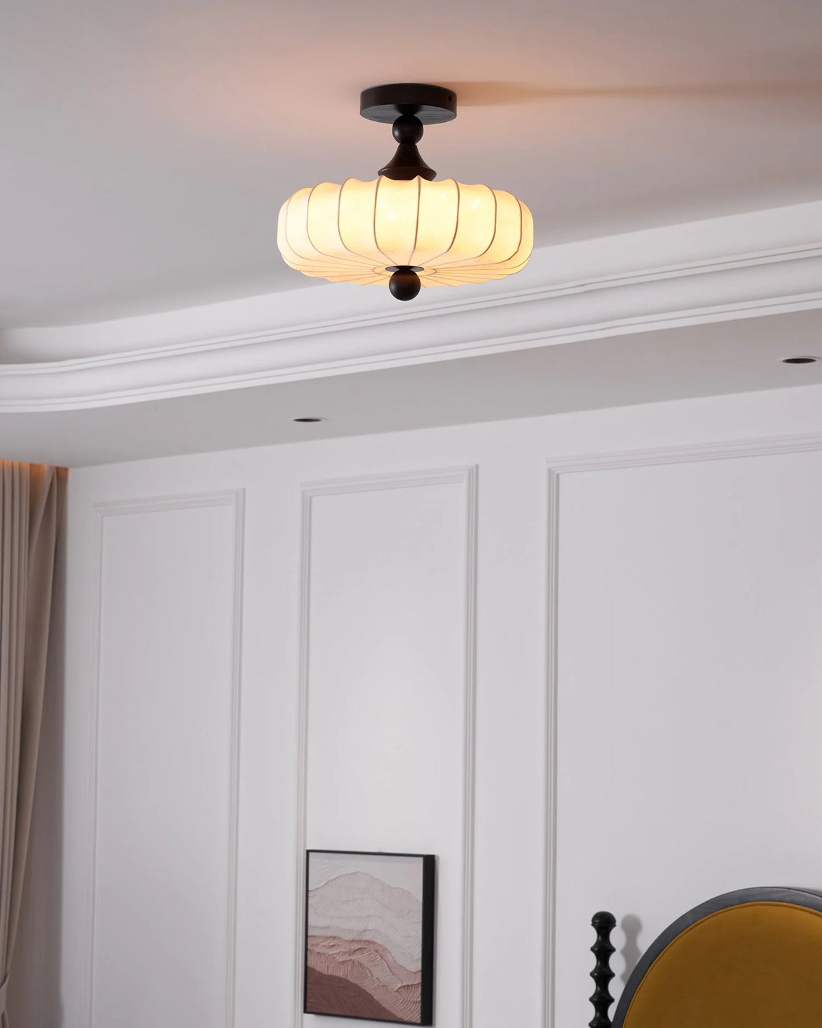 Ceiling Light Solid Walnut Handwoven Beige Shade Dimmable LED