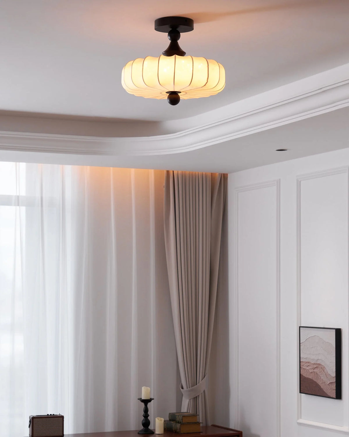 Ceiling Light Solid Walnut Handwoven Beige Shade Dimmable LED
