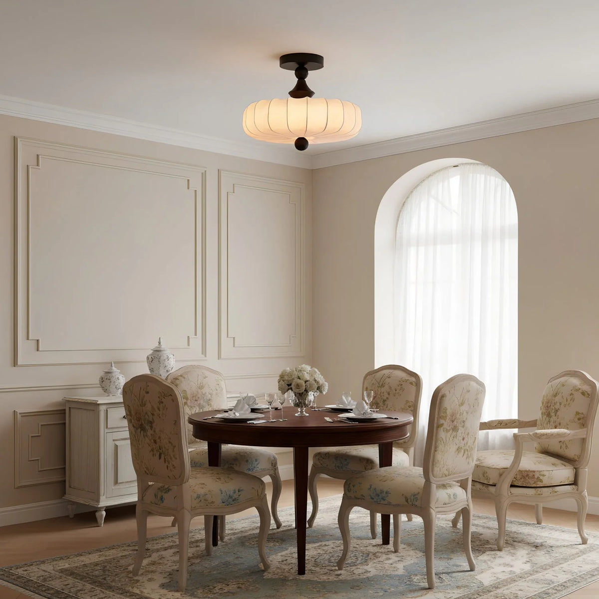 Ceiling Light Solid Walnut Handwoven Beige Shade Dimmable LED