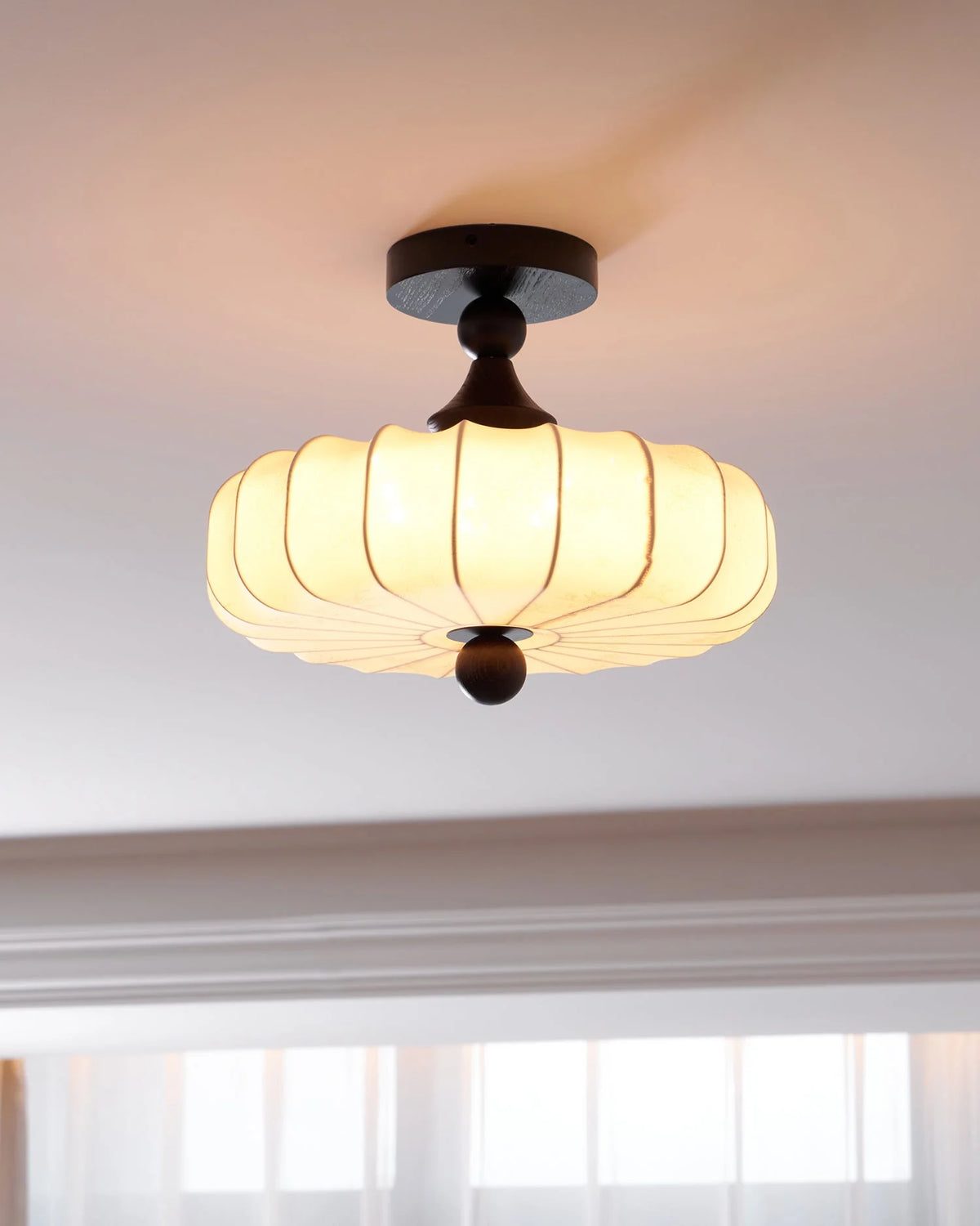 Ceiling Light Solid Walnut Handwoven Beige Shade Dimmable LED