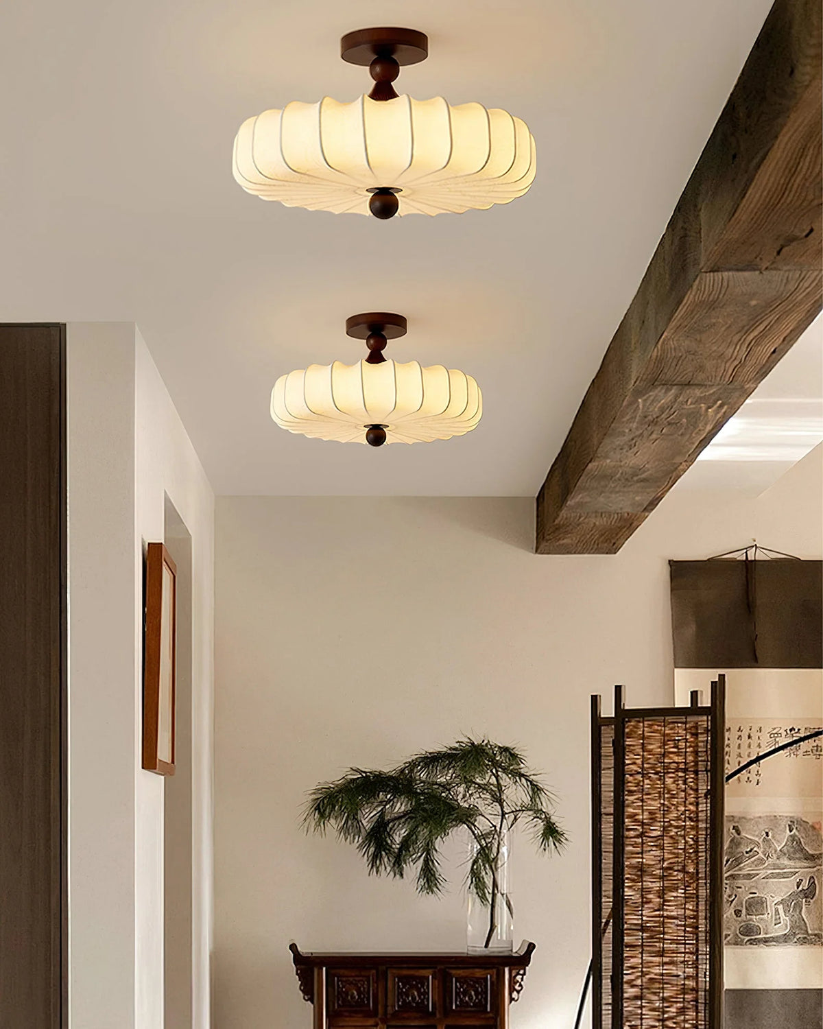 Ceiling Light Solid Walnut Handwoven Beige Shade Dimmable LED
