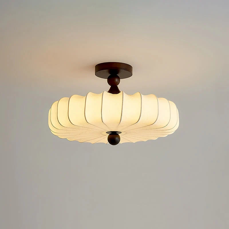 Ceiling Light Solid Walnut Handwoven Beige Shade Dimmable LED