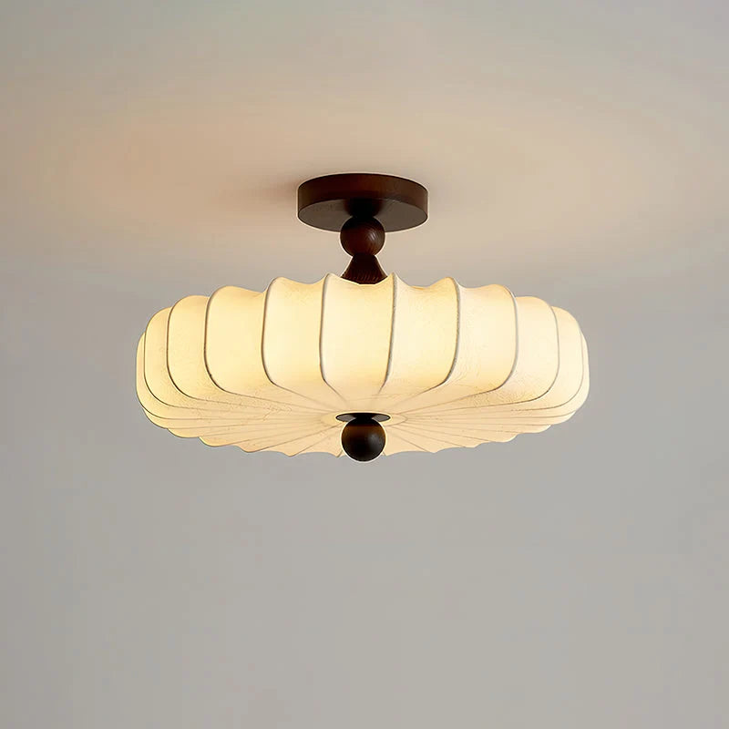 Ceiling Light Solid Walnut Handwoven Beige Shade Dimmable LED