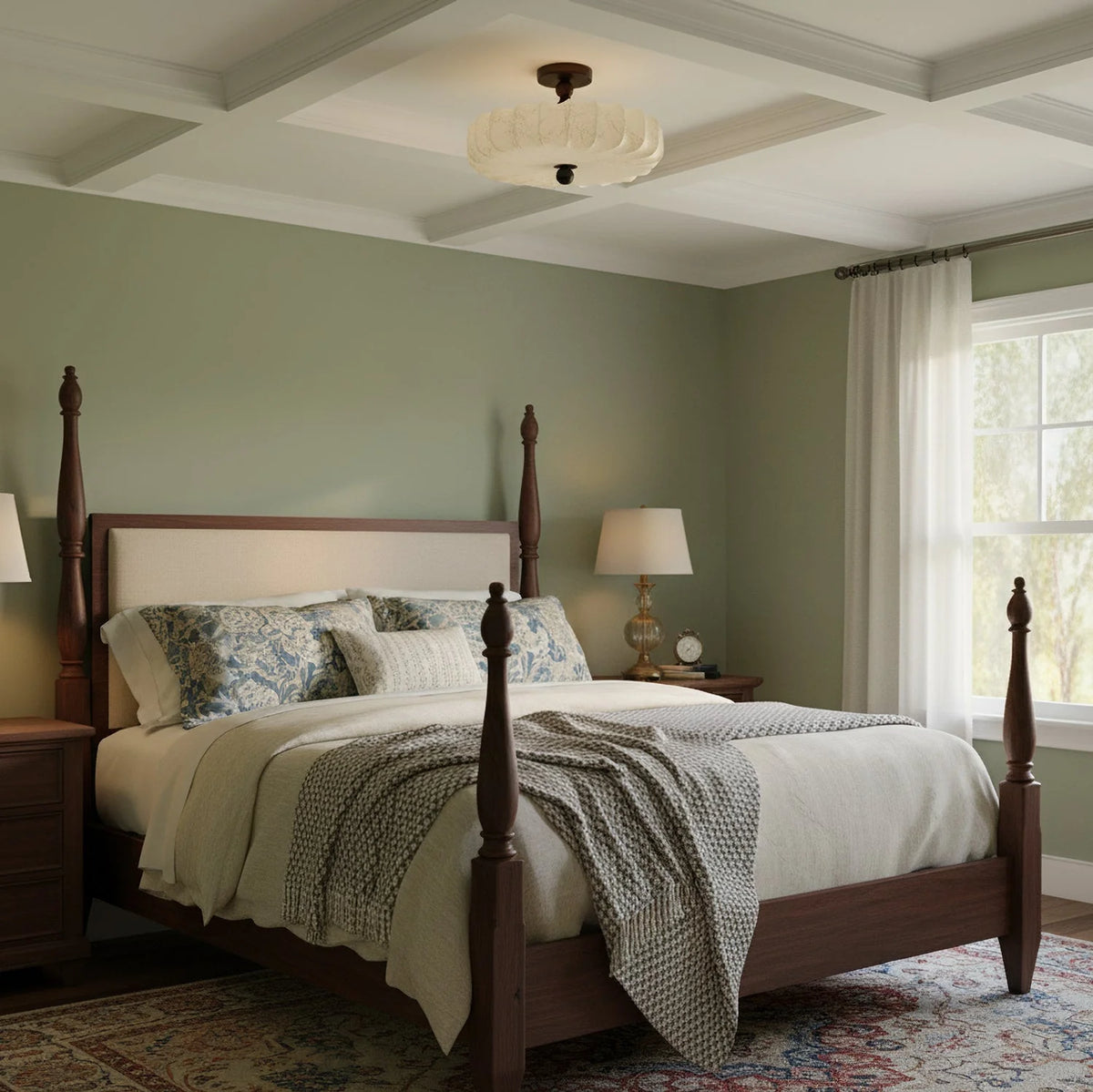 Ceiling Light Solid Walnut Handwoven Beige Shade Dimmable LED