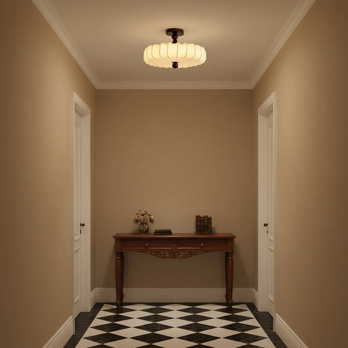 Ceiling Light Solid Walnut Handwoven Beige Shade Dimmable LED