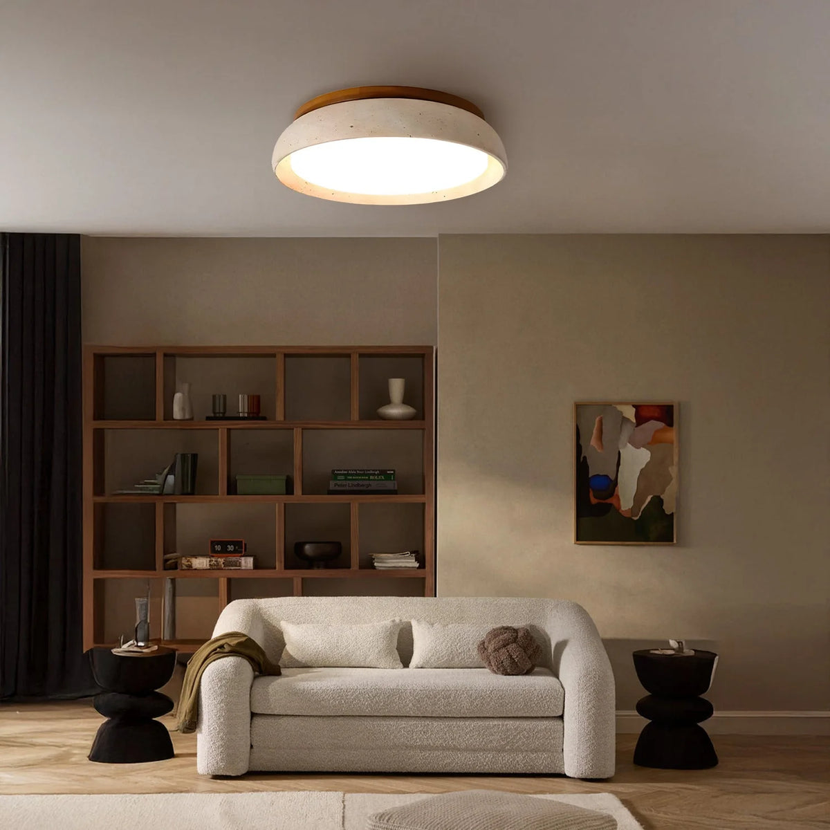 Ceiling Light Travertine & Wood Built-In LED Low-Profile