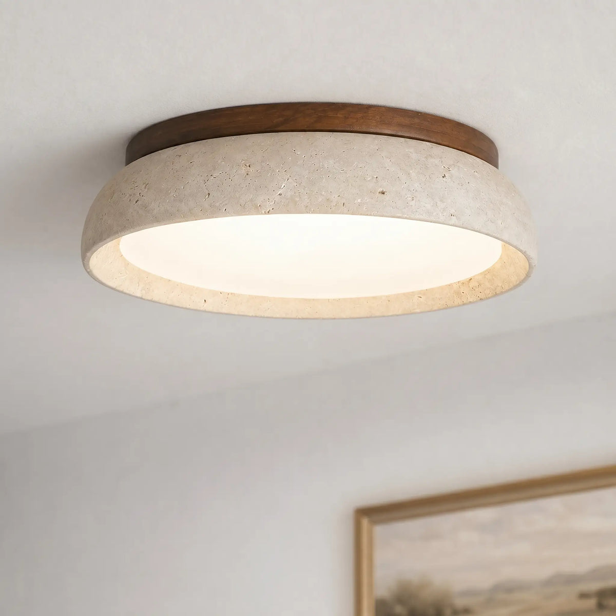 Ceiling Light Travertine & Wood Built-In LED Low-Profile