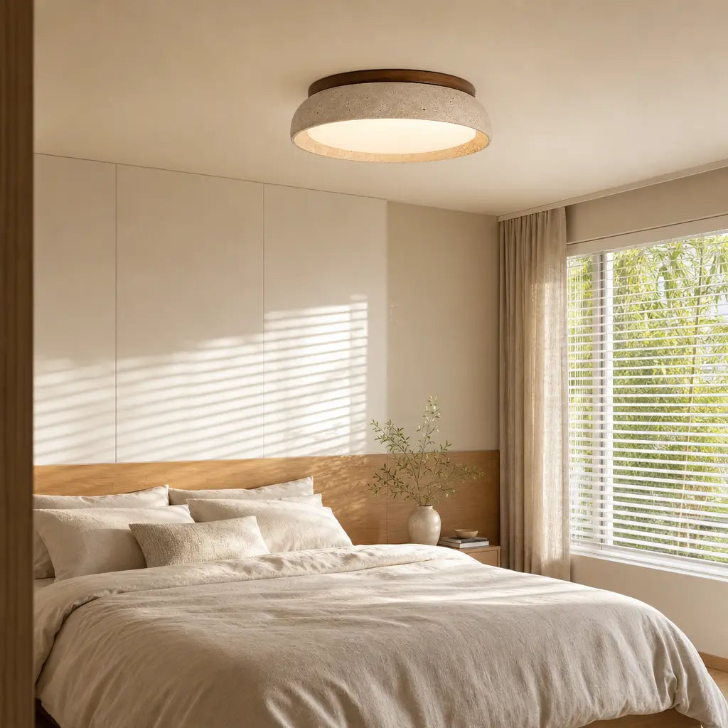 Ceiling Light Travertine & Wood Built-In LED Low-Profile