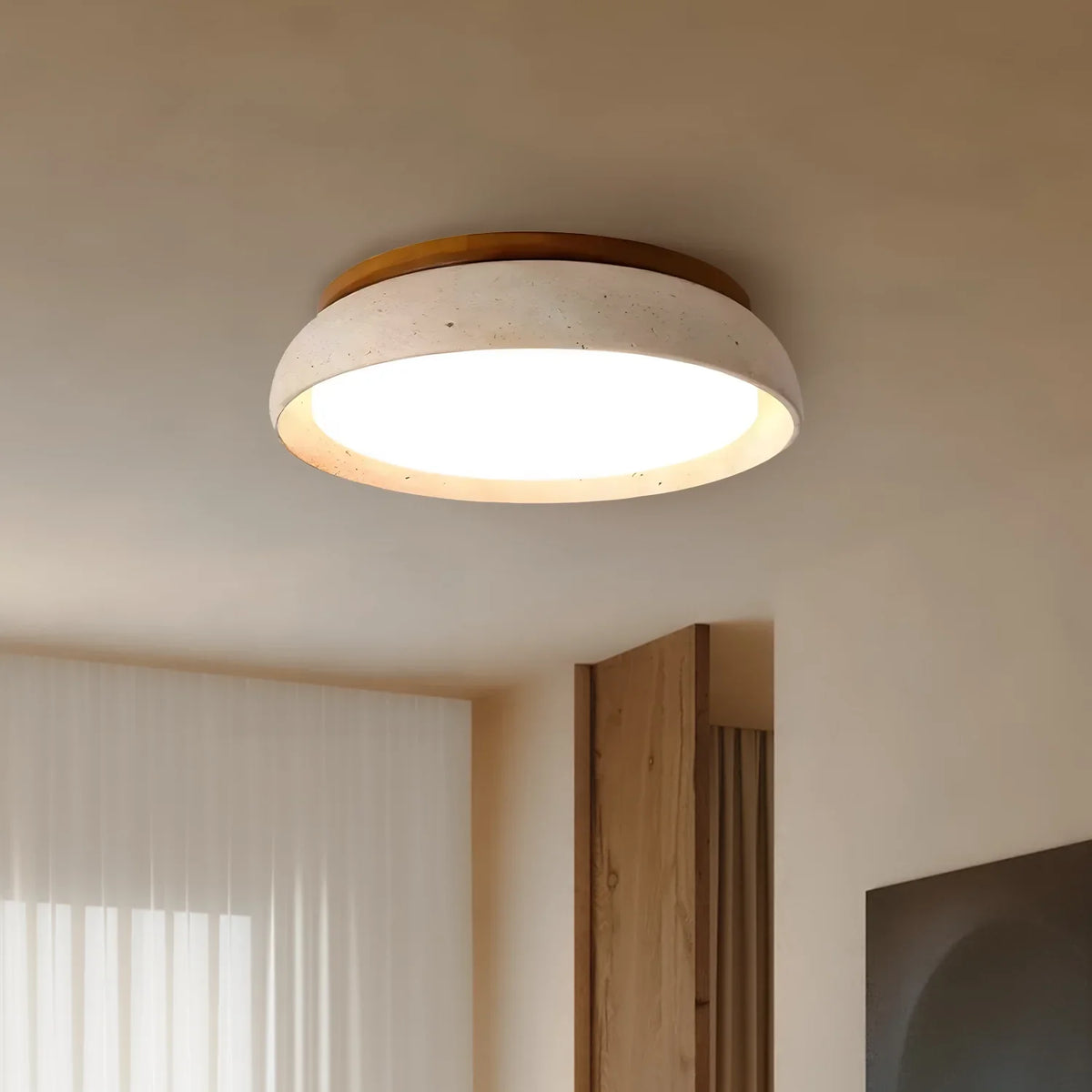 Ceiling Light Travertine & Wood Built-In LED Low-Profile