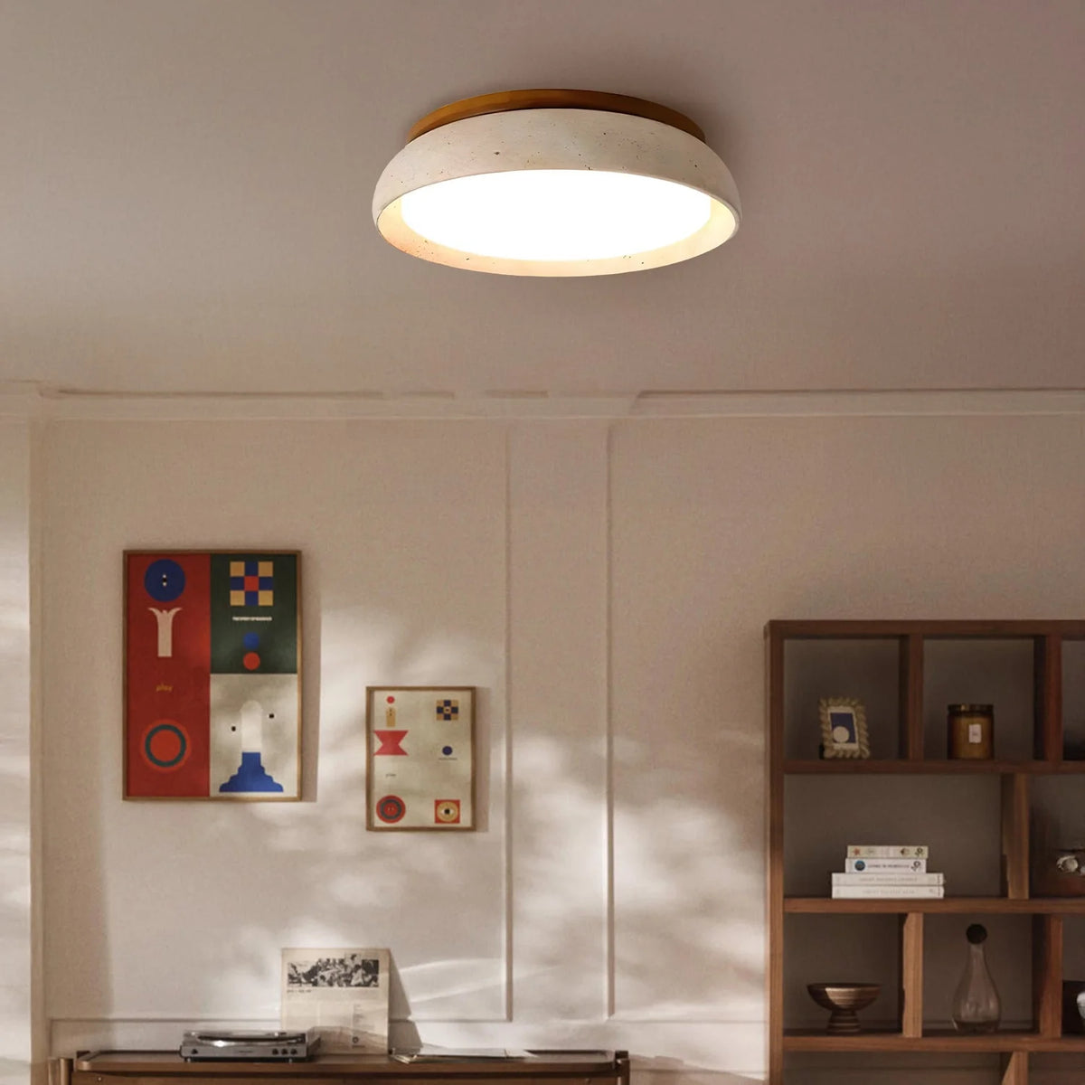 Ceiling Light Travertine & Wood Built-In LED Low-Profile