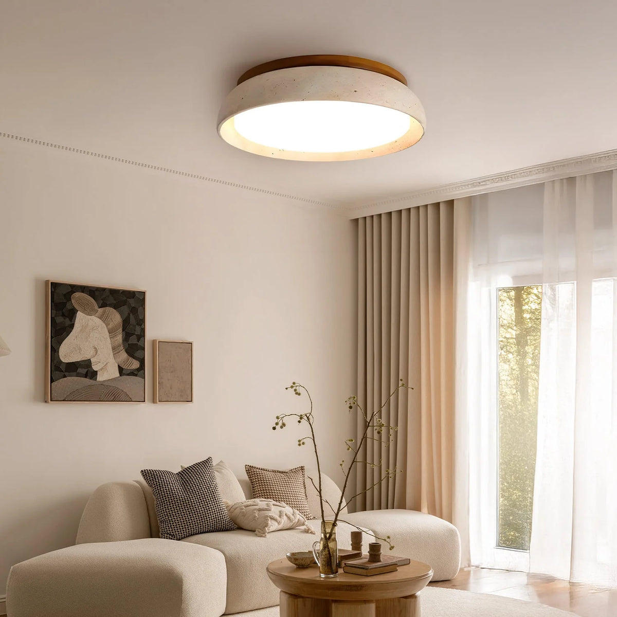 Ceiling Light Travertine & Wood Built-In LED Low-Profile