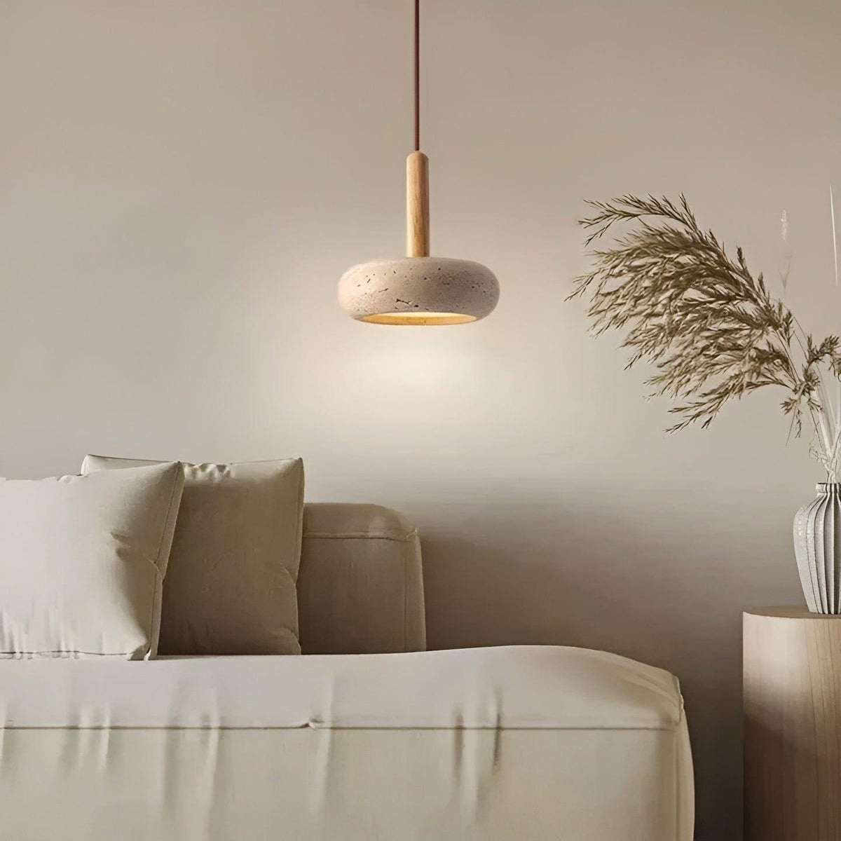 Ceiling Pendant Light Stone & Wood Adjustable Cord