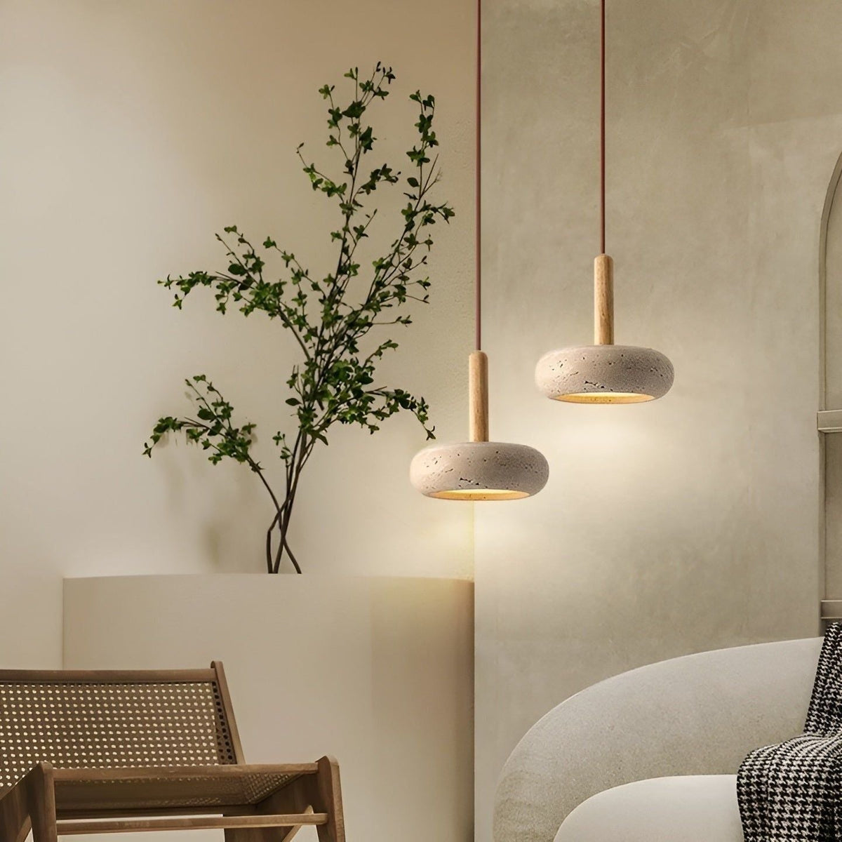 Ceiling Pendant Light Stone & Wood Adjustable Cord