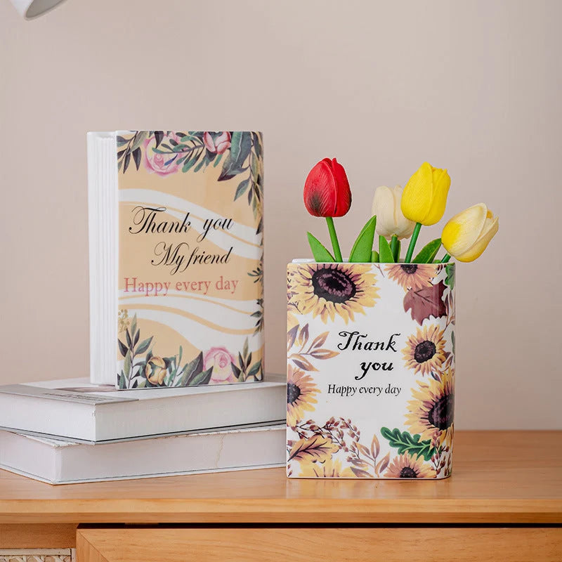 Ceramic Book Vase Vibrant Decal Multiple Sizes