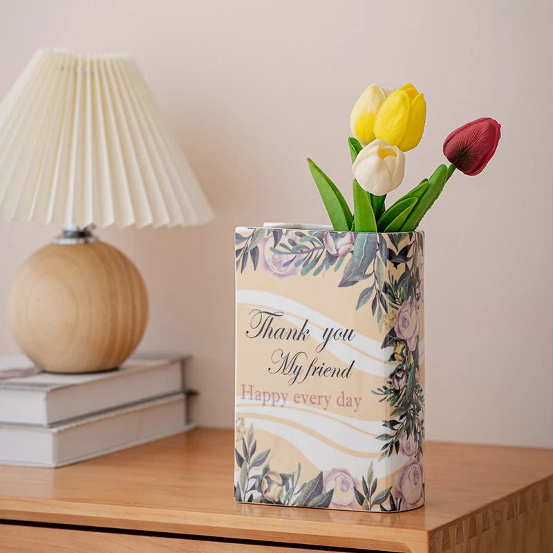 Ceramic Book Vase Vibrant Decal Multiple Sizes