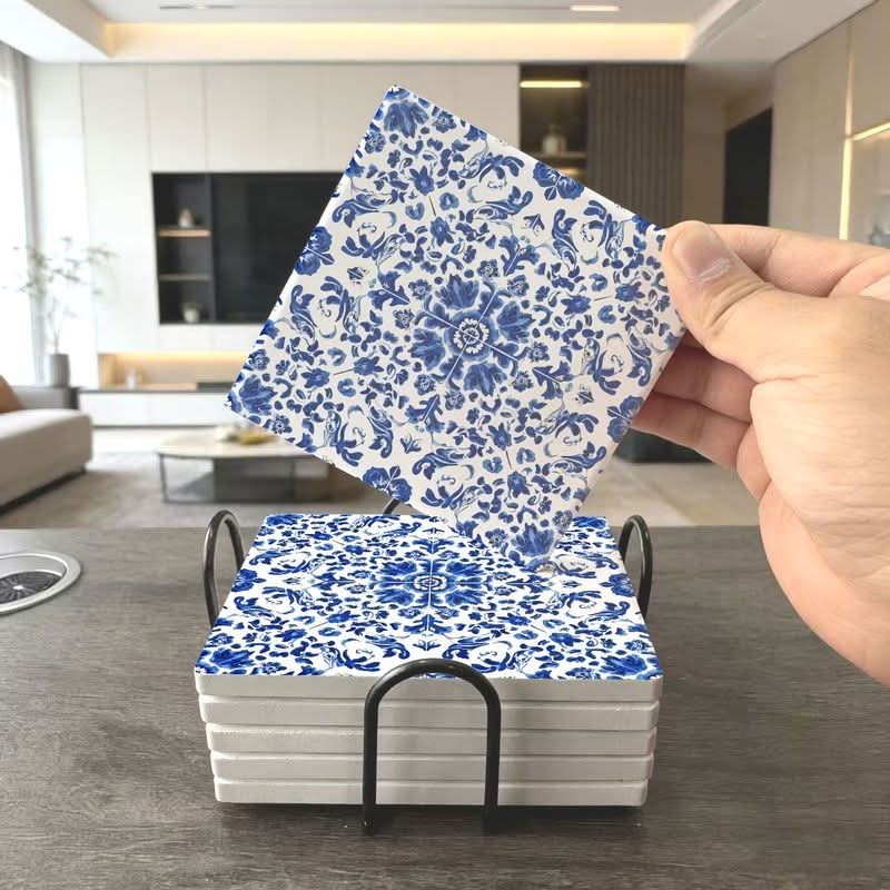 Ceramic Tile Set Glazed Blue & White Floral Vine