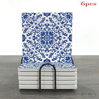 Ceramic Tile Set Glazed Blue & White Floral Vine