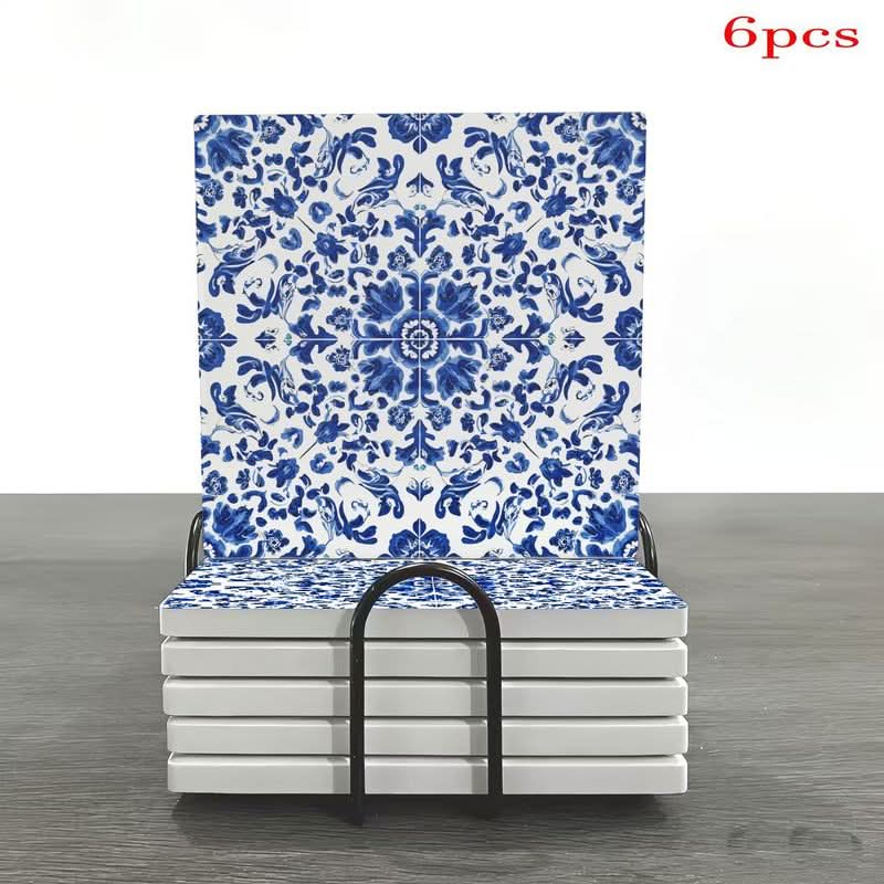 Ceramic Tile Set Glazed Blue & White Floral Vine